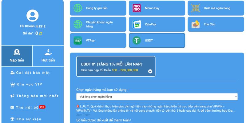 Vipwin cung cấp đa kênh nạp tiền tiện lợi